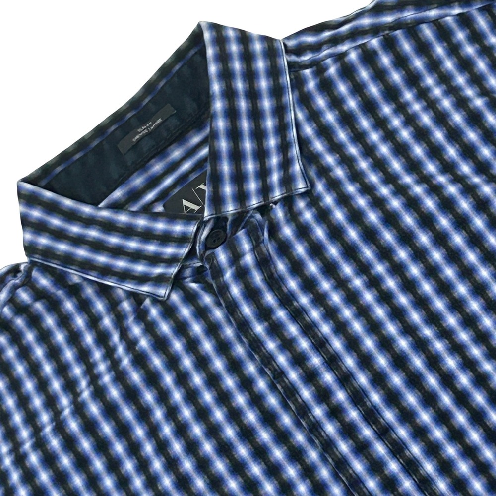 Armani Exchange Shirt Mens Medium Blue Ombre Plaid Long Sleeve Slim Fit A/X - Picture 1 of 12
